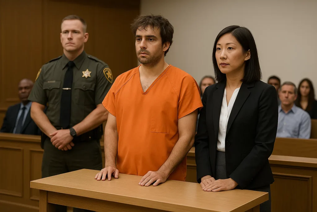 Courtroom scene with a defendant, lawyer, and sheriff officer