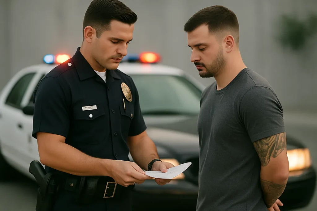 Police officer reviewing documents with a detained individual