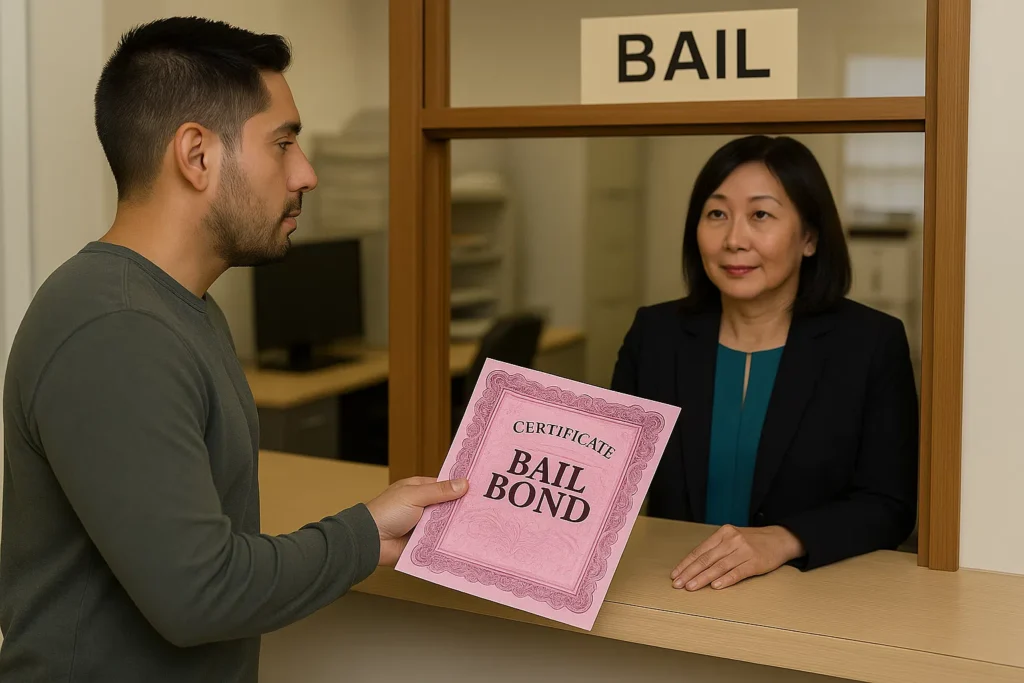 Person presenting bail bond certificate at a counter