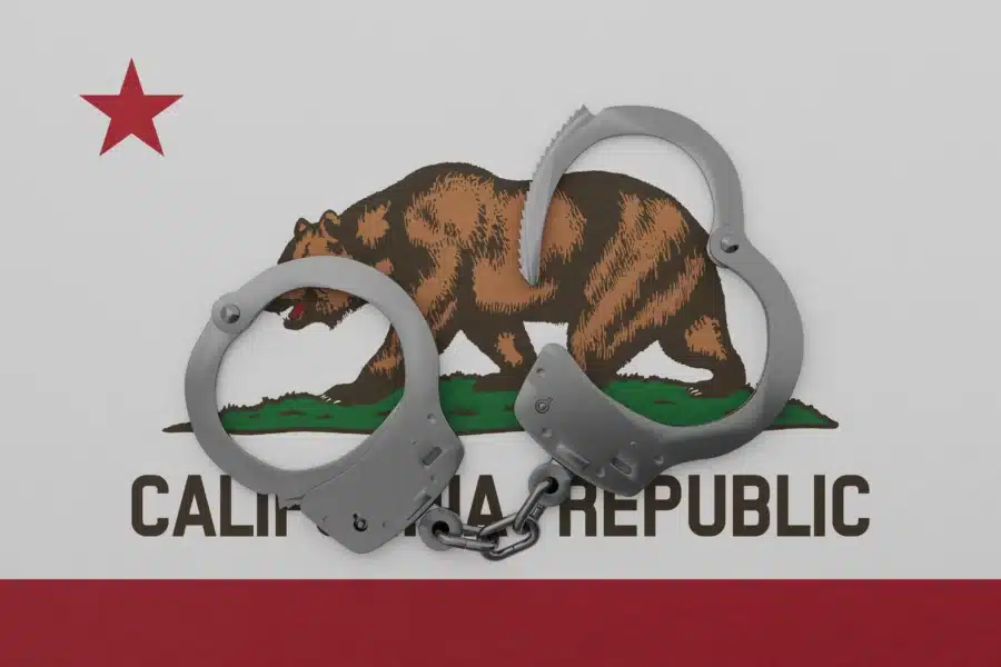 Steel Handcuff on Top of the US State Flag of California | Criminal Attorney | Wegman & Levin