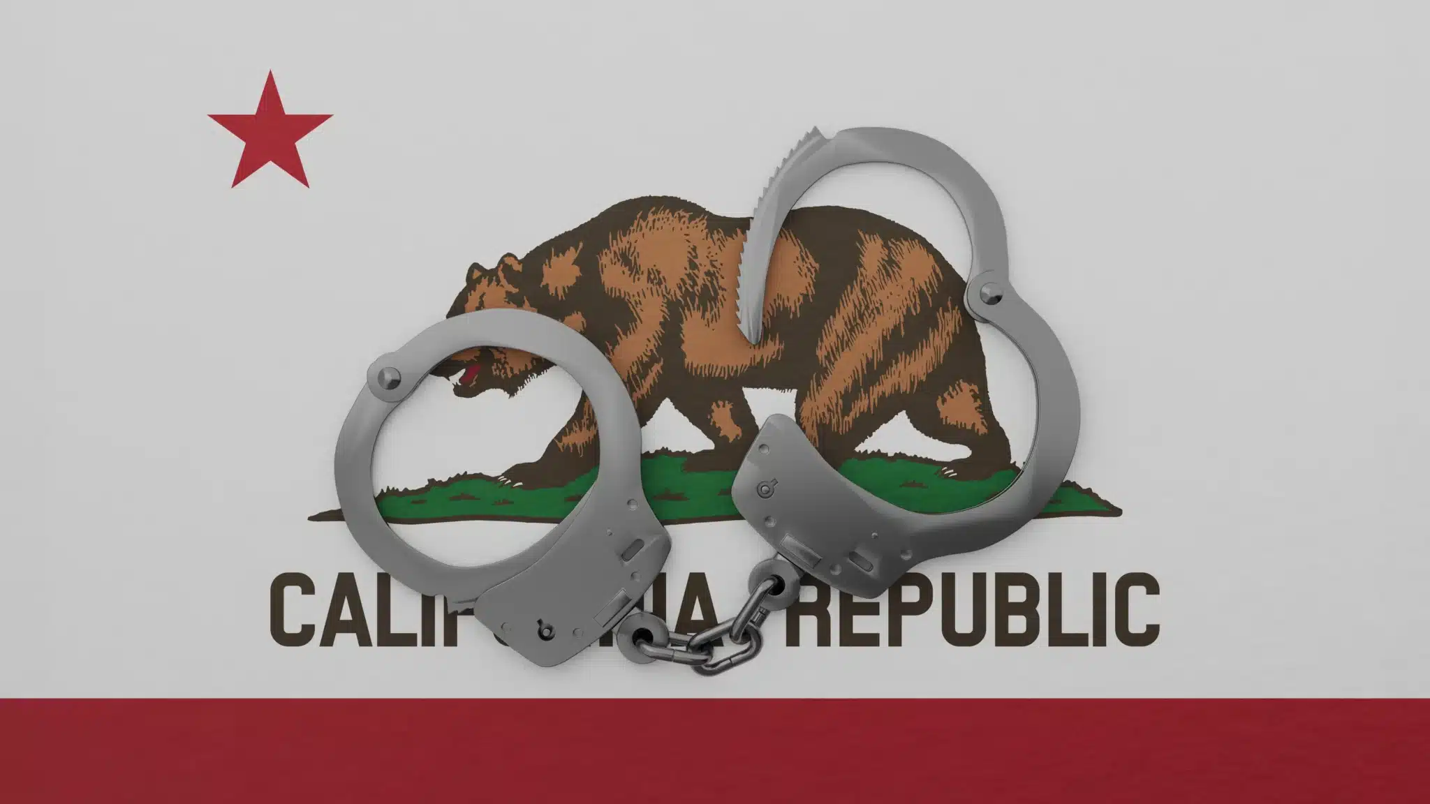 Steel Handcuff on Top of the US State Flag of California | Criminal Attorney | Wegman & Levin