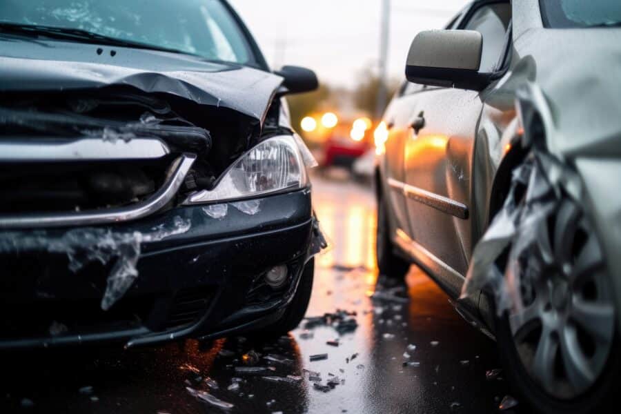 Two damaged cars after a collision on the road | DUI Homicide Defense Lawyer | Wegman & Levin